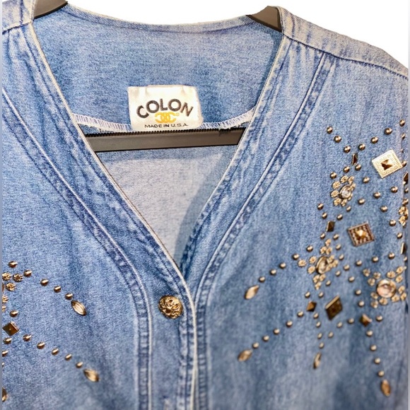 Women’s 1980s Denim Silver Studded Button Up Top Sz. L - Picture 6 of 7